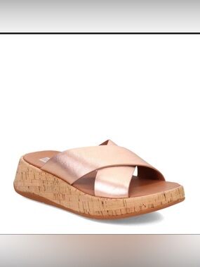 FitFlop Lulu Cross Slide Sandals Gold Leather Cork Wedge Women’s US 9 NWOB